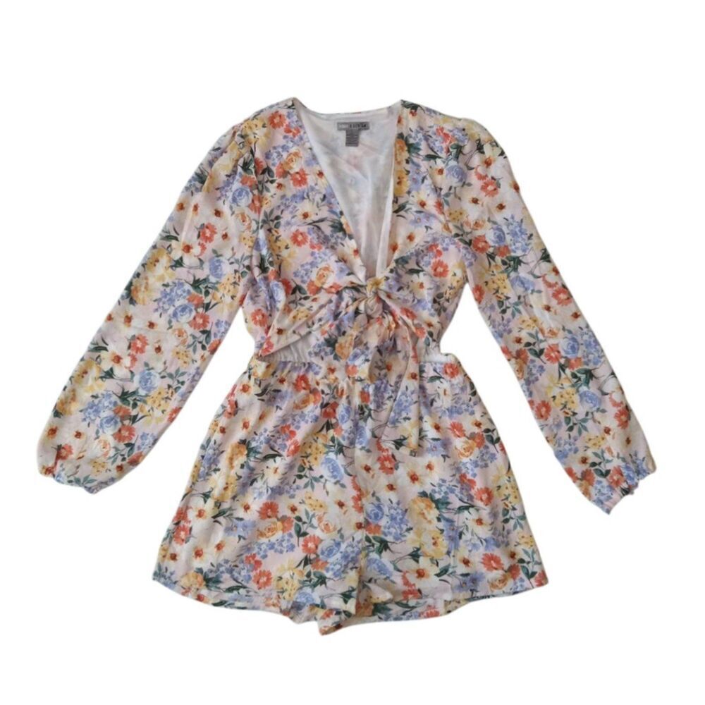 Love X Design Colorful Floral Print Long Sleeve Tie Front Romper Women's Large